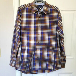 Tommy Hilfiger Blue Brown Plaid Long Sleeve Button Down Shirt Preppy M